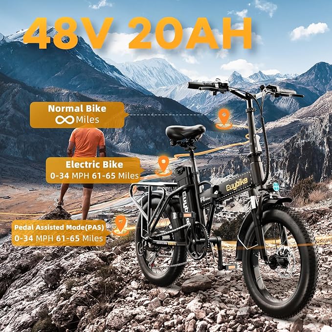 1000W Folding Electric Bike, 48V 20AH Large Removable Battery E Bike, 30+MPH, 80 Miles Max Range, 20" Fat Tire Electric Bike for Adults, Adult Electric Bicycles for Commute Beach Snow