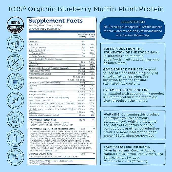 KOS Plant Based Protein Powder, Blueberry Muffin - Organic Pea Protein Superfood with Spirulina and Immune Support Blend. Soy, Gluten, Dairy Free - Vegan Meal Replacement for Women & Men - 15 Servings