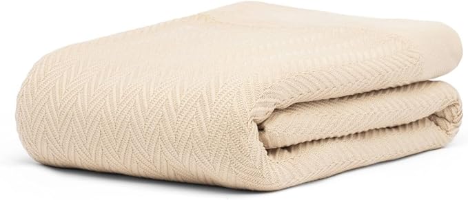 100% Cotton Herringbone Weave Blankets, 66"X90" Twin, Throw Blanket for Bed, All Season Cotton Blanket, Cozy Blanket,Throws & Bed Blanket, Throw Blanket for Couch, Modern Home Decor - Beige