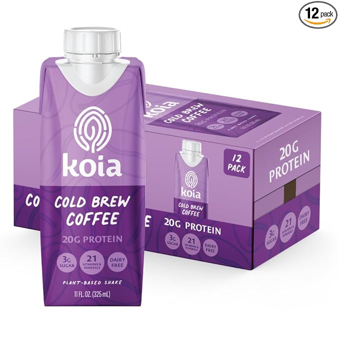 Koia Plant Based Protein Shake, Cold Brew Coffee, 20g Protein, 3g Sugar, 6g Prebiotic Fiber, 21 Vitamins & Minerals, Meal Replacement Drinks, Dairy-Free, Gluten-Free, Non-GMO, 11 Fl Oz (Pack of 12)