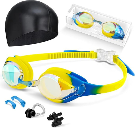 Kids Swim Goggles, Anti-fog and UV Protection with Swim Cap for Age 3-15 Youth Boys Girls Toddler