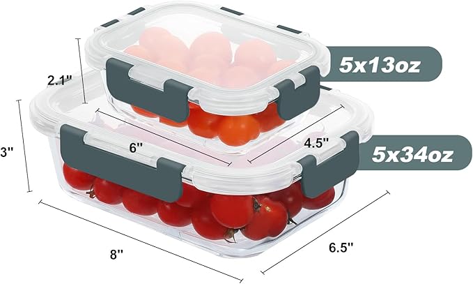10 Pack Glass Food Storage Containers, Meal Prep Containers with Lids, Airtight Glass Lunch Boxes, Freezer, Oven, and Microwave Safe