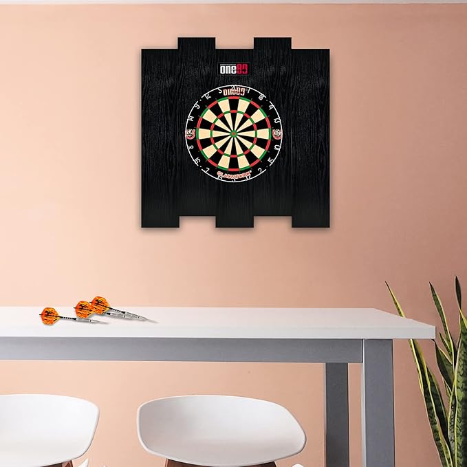 Knock-down Dartboard Backboard for A Large Area of Wall Protection Free Combination for Various Set-up Options Wooden Backboard with Black Veins Mounting Kits and Instructions Included Dartboard
