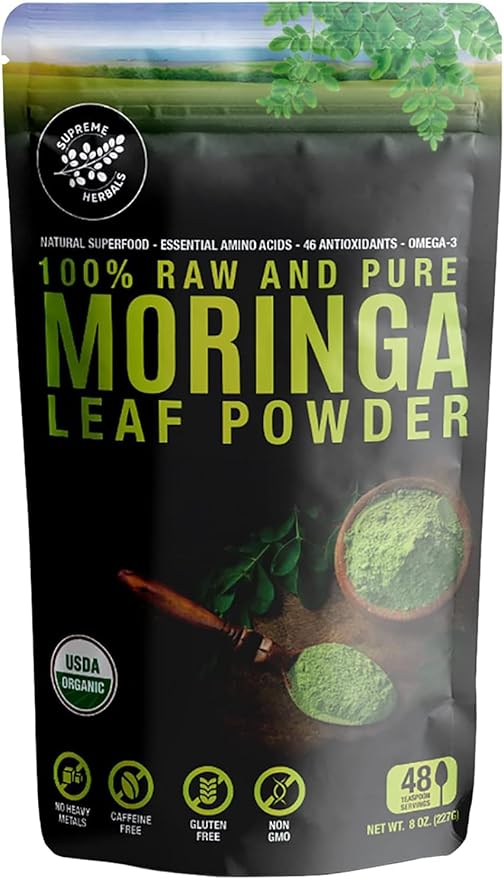 100% Raw and Pure Moringa Leaf Powder. Organic Certified Moringa Leaf. Natural Superfood with Essential Amino Acids, Antioxidants, and Omega 3, 8 oz Resealable Bag.