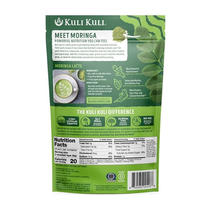 Kuli Kuli Moringa Oleifera Organic Leaf Powder & Green Smoothie, 100% Pure USDA Certified & Non-GMO Moringa Powder, Great with Smoothies, Tea, and Food, 4 Pack
