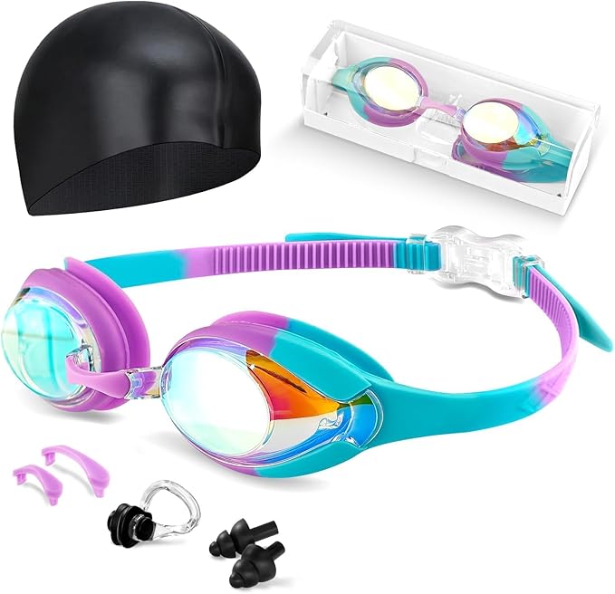 Kids Swim Goggles, Anti-fog and UV Protection with Swim Cap for Age 3-15 Youth Boys Girls Toddler