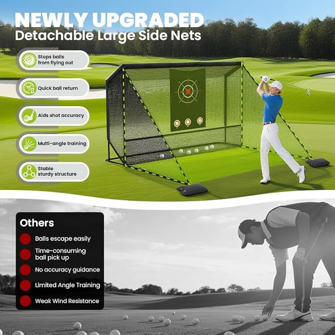 10x7ft Golf Hitting Practice Net with Dual Side Net Barriers & Durable Heavy Duty Steel Frame, Golf Nets Backyard Driving, Chipping & Swing Training for Indoor&Outdoor