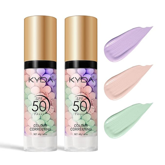 KYDA 2PCS Color Correcting Primer,SPF Makeup 50 PA+++,Color Correcting Serum, Moisturizing Makeup Primer, One Step Brightening Primer to Even Skin Tone, Oil Control Skin Corrector,Purple Pink Green