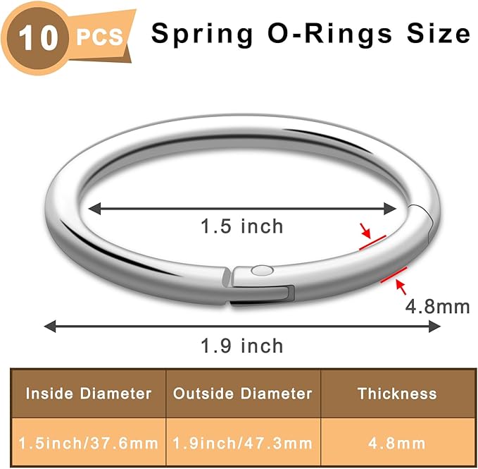 10Pack 1-1/2" Large Round Carabiner Clips, Metal Spring O Rings for Organizer Key Rings, Paracord Keychain Lanyard, Pet Chains, Purse Hardware, Key Snap Hooks DIY Accessory (Silver)