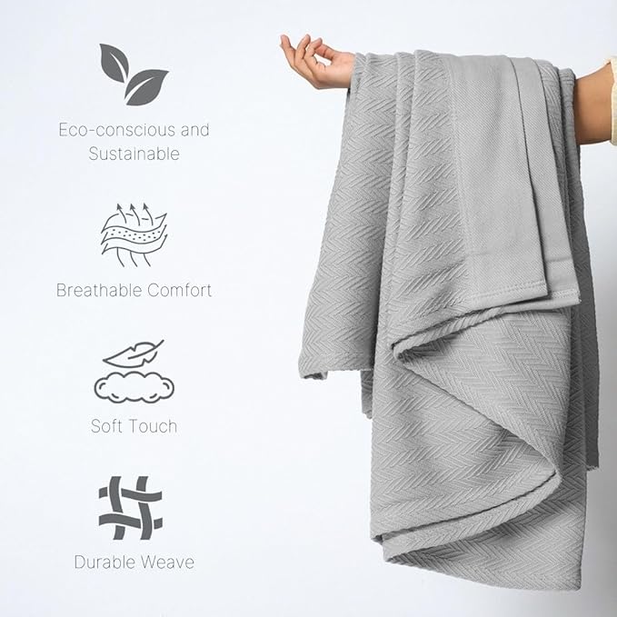 100% Cotton Herringbone Blankets, 66"X90" Twin, Throw Blanket for Bed, All Season Cotton Blanket, Cozy Blanket,Throws & Bed Blanket, Throw Blanket for Couch, Modern Home Decor -Scottish Grey