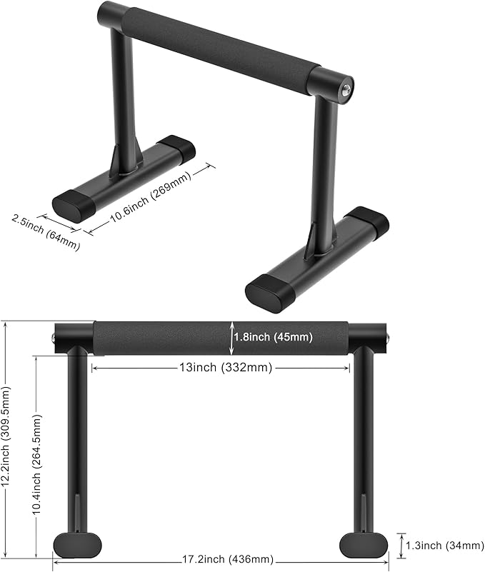 Kipika Parallettes Bars, Push Up Bars & Dip Bar with Comfort Thick Handles, Rock-Free Fitness Equipment for Handstand, L-Sit, Gymnastics & Strength Training, 600lbs Capacity, 12" Height