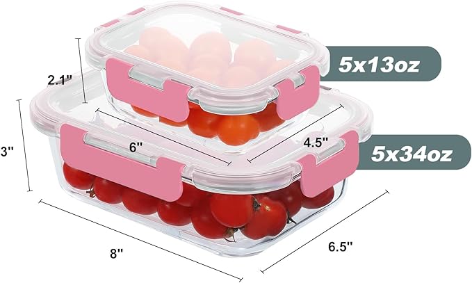 10 Pack Glass Food Storage Containers, Meal Prep Containers with Lids, Airtight Glass Lunch Boxes, Freezer, Oven, and Microwave Safe, Pink