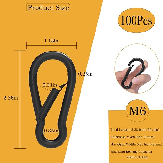 100Pcs 2.4" Carabiner Clip Spring Snap Hook, M6 2-3/8 Inch Heavy Duty Black Small Carabiner, Quick Link Keychain Clip for Keys Swing Set Camping Gym Hiking Traveling(260 lbs Capacity)