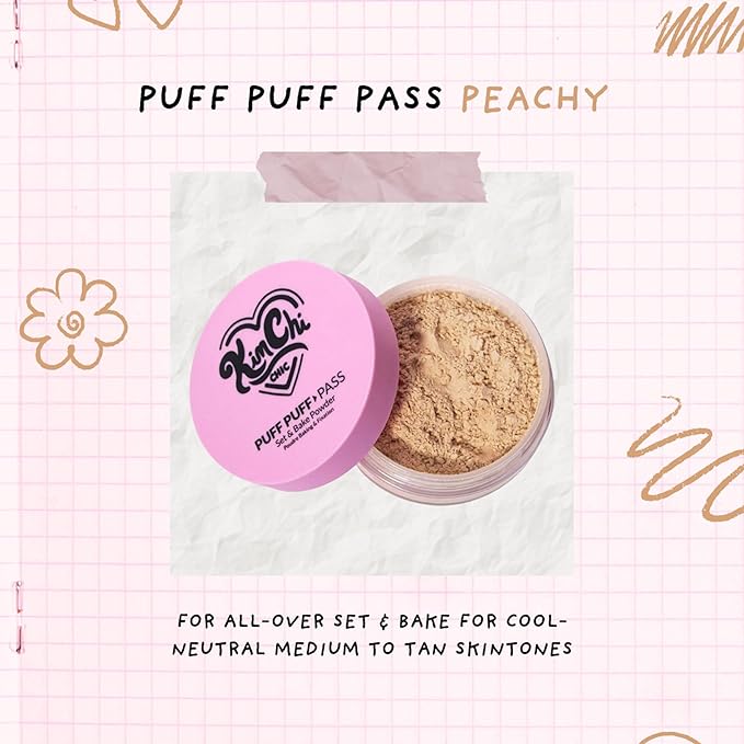 Kimchi Chic Beauty Puff Puff Pass Set and Bake Setting Powder for Makeup, Extra Fluffy Loose Face Powder Poof, Soft Natural Face Makeup for Uneven Skin Tone, 04 Peachy