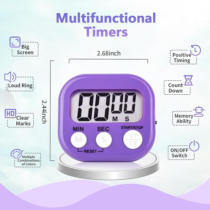 12 Pack Digital Kitchen Timer Magnetic Digital Timer with Big Display Loud Ring Cooking Timers for Kitchen Electronic Timer for Cooking, Bathing, Gym, Break Time, Classroom(12,White,Blue,Purple)