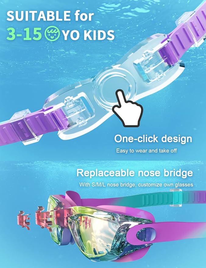 Kids Swim Goggles, Swimming Goggles for Kids with Nose Clip, Earplugs, Nose Bridge for Age 3-15