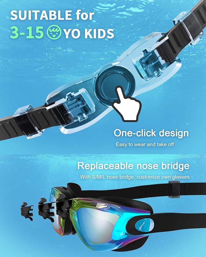Kids Swim Goggles, Swimming Goggles for Kids with Nose Clip, Earplugs, Nose Bridge for Age 3-15