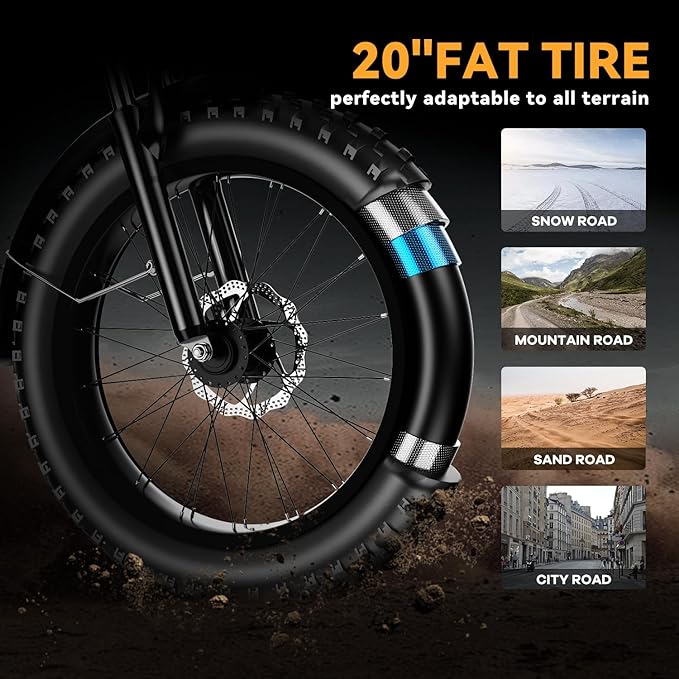 1000W Folding Electric Bike, 48V 20AH Large Removable Battery E Bike, 30+MPH, 80 Miles Max Range, 20" Fat Tire Electric Bike for Adults, Adult Electric Bicycles for Commute Beach Snow