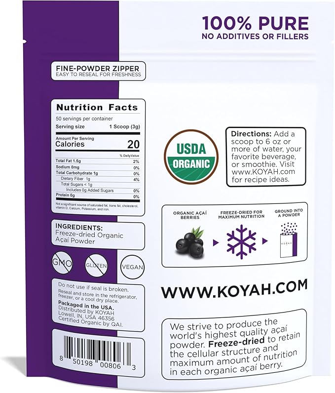 KOYAH - Organic Acai Powder (150g - 50 Servings): Brazil Grown, Freeze-Dried, 100% Pure, No Citric Acid Added, Great in Smoothies and Bowls