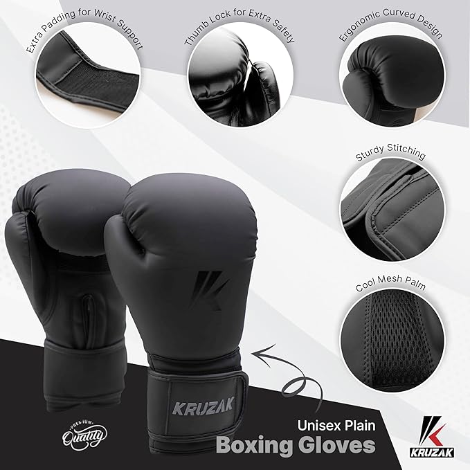 Kruzak Matte Black Boxing Gloves and Pads, Boxing Gloves Training Set for Kickboxing and Muay Thai MMA Training - Boxing Kit for Adults with Punching Pads for Martial Arts and Karate