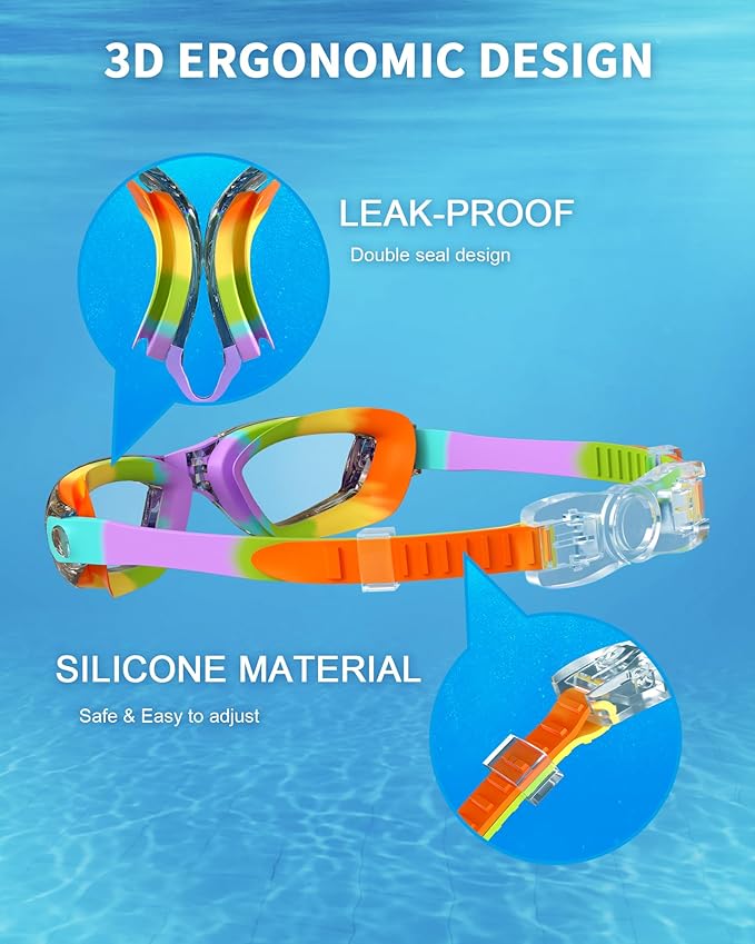 Kids Swim Goggles, Swimming Goggles for Kids with Nose Clip, Earplugs, Nose Bridge for Age 3-15