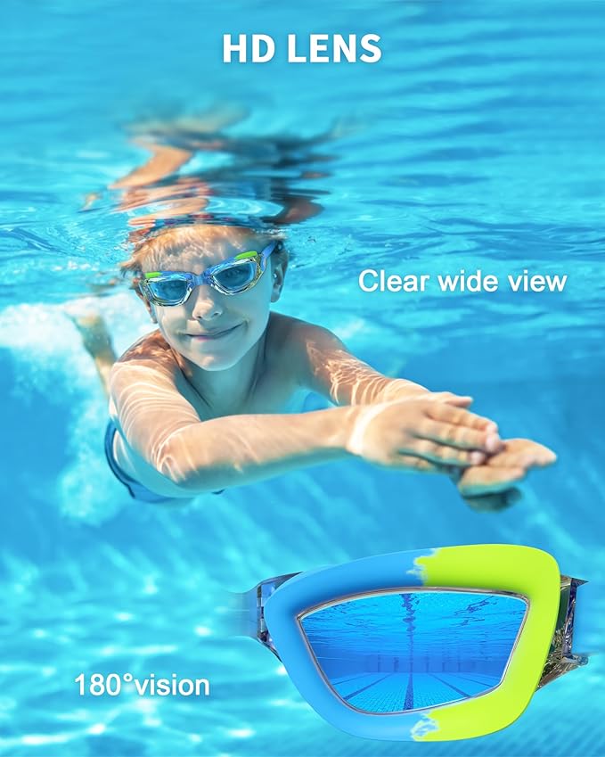 Kids Swim Goggles, Swimming Goggles for Kids with Nose Clip, Earplugs, Nose Bridge for Age 3-15