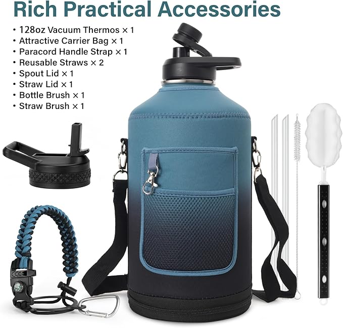 1 Gallon Water Bottle Insulated | Thickened Stainless Steel Vacuum Metal Water Jug | Portable Sports Large for Gym and Hiking with Straw, Carrier Bag, Handle Strap | BPA-Free 128 oz