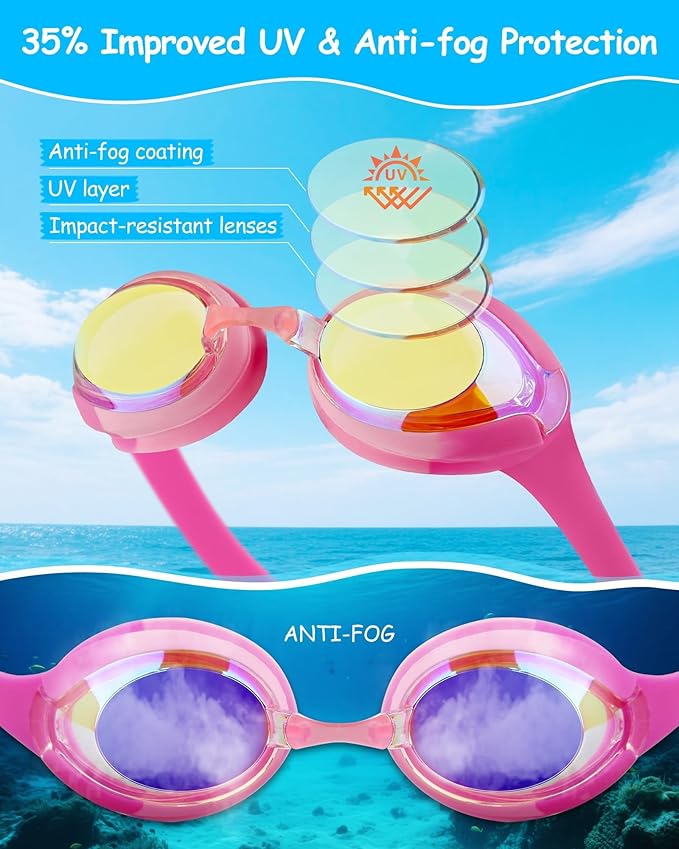 Kids Swim Goggles, Anti-fog and UV Protection with Swim Cap for Age 3-15 Youth Boys Girls Toddler