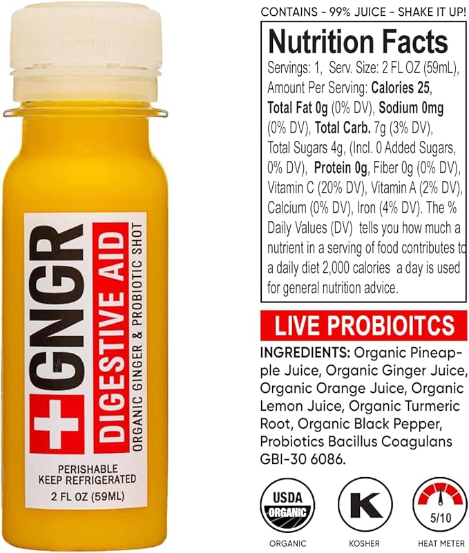'+GNGR Digestive Aid Organic Ginger Shots with Probiotics, Gut Health, Colon Cleanse, Bloating Relief, Gut Detox, Immunity Shots with Ginger Juice, Turmeric, Black Pepper. (2 Oz, Pack of 12)