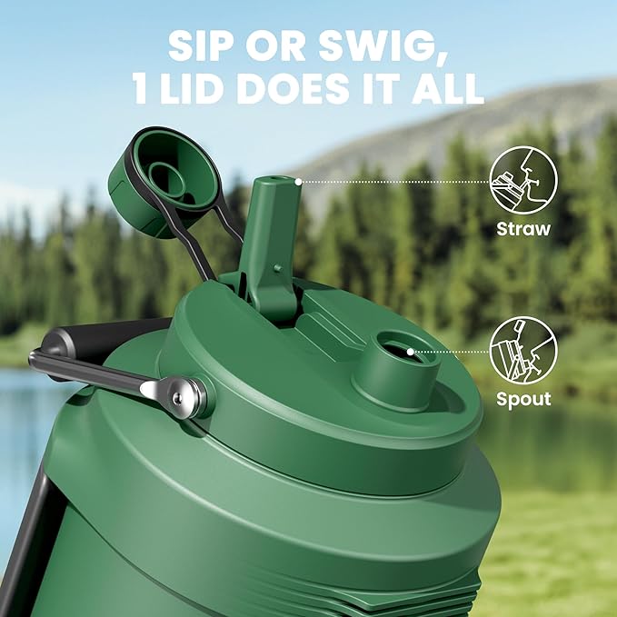 1 Gallon Insulated Water Bottle for Hiking: Meoky 128 oz Triple Wall Vacuum Stainless Steel Metal Water Jug - Top and Side Handles, Cold for 48 Hrs, 2-in-1 Straw and Spout Lid, Leakproof for Gym (Fir)