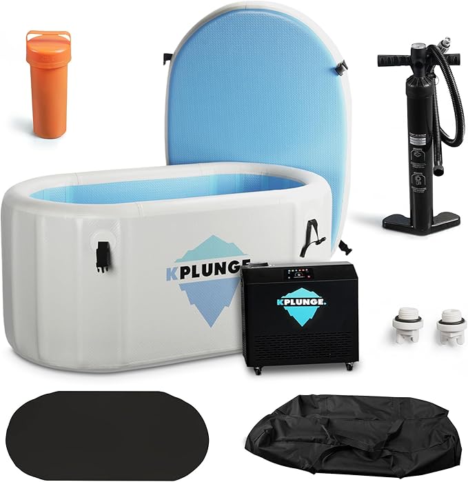Kodiak 59" 1-Person Inflatable Cold Plunge Ice Bath or Hot Tub with 3/4 HP Chiller and Heater, PVC Insulated Lid, Hand Pump, Repair Kit, 110-Gallon Capacity, Indoor/Outdoor Tub – Gray