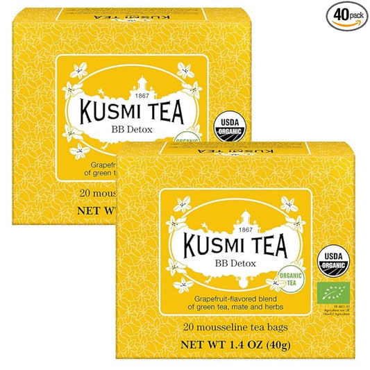 Kusmi Tea - Pack of 2 Boxes of Tea Bags - BB Detox - Iconic Detox Tea - 100% Organic - Blend of Green Tea, Mate & Grapefruit - Organic Flavored Yerba Mate - 2x20 Tea Bags