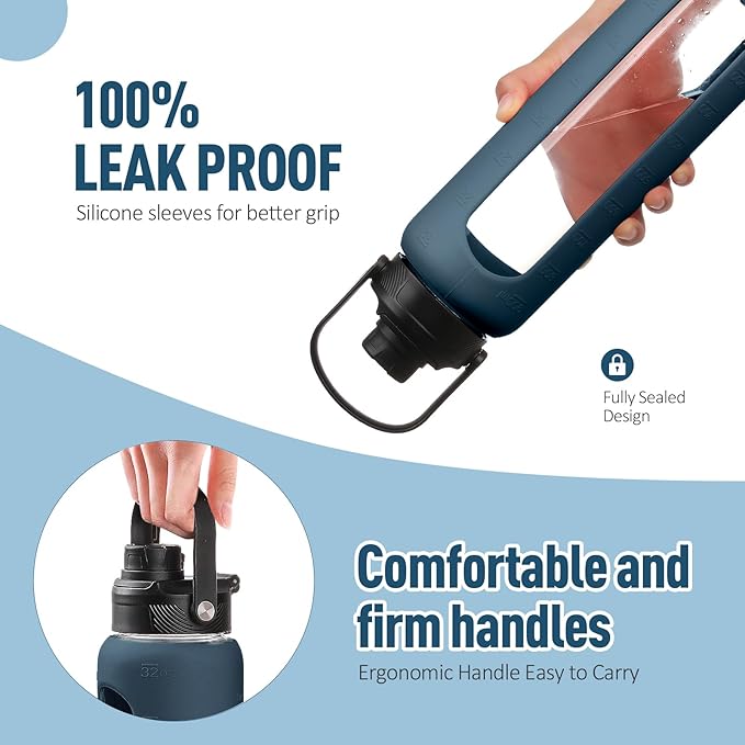 Kodrine Water Bottle with Straw, 24 oz Glass water Bottle with 2 Lids Bamboo Straw Lid and Spout Lid with Handle, 32 oz Clear Water Bottle Glass for Sports Travel, Waterbottle with Time Marker