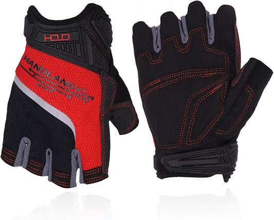 'HANDLANDY Fingerless Work Gloves for Men and Women Utility Padded Half Finger Driving Working Gloves (Small, Red)