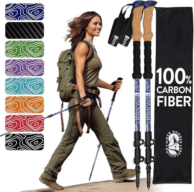 100% Carbon Fiber Trekking Poles by USA Brand - Ultra Strong Lightweight Collapsible Hiking Poles with Cork and EVA Foam Grips & Quick Adjustable Flip Locks