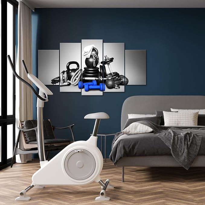 KREATIVE ARTS Large 5 Panel Wall Art Fitness Equipment Canvas Prints Black and Blue Gym Pictures for Boys Men Bedroom Artwork Painting Home Decor Sportsman Gifts Decoration