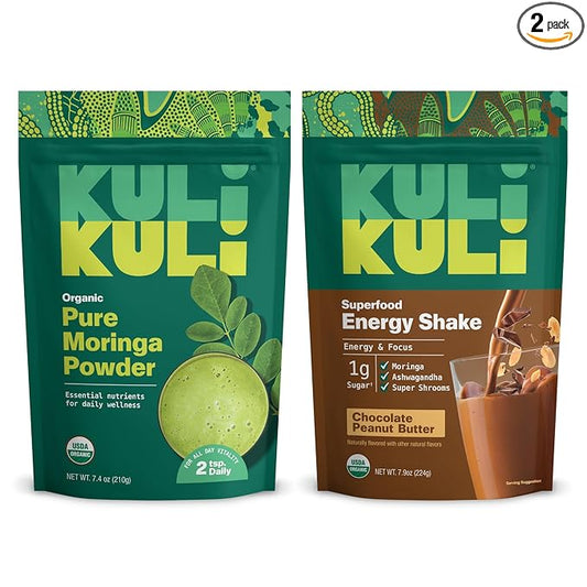 Kuli Kuli Moringa Oleifera Organic Leaf Powder & Green Smoothie, 100% Pure USDA Certified & Non-GMO Moringa Powder, Great with Smoothies, Tea, and Food, Combo Pack