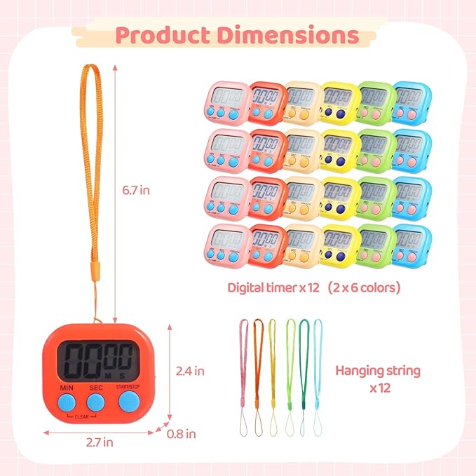 12 PCS Bulk Digital Timer, Timers for Classroom, On/Off Switch Minute Second Countdown Big LCD Display Timer, Loud Alarm for Exercise Cook Baking Teacher