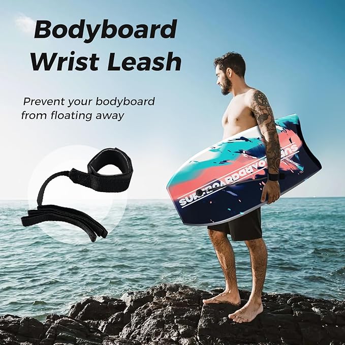 KOTEK 33/37/41 Inch Body Board with Wrist Leash, EPS Core, Dual Channel, HDPE Slick Bottom, Bodyboard for All Skill Levels & Wave Conditions
