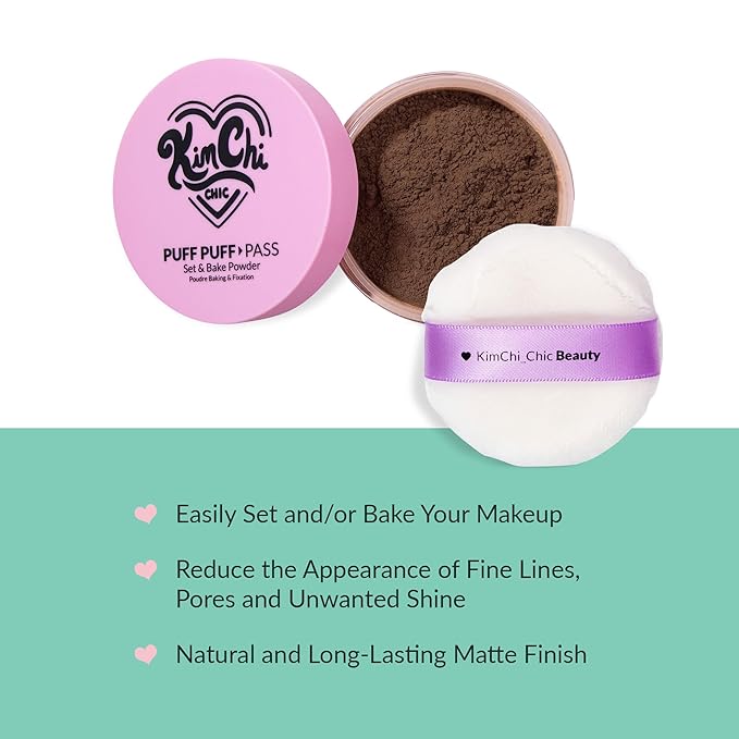 Kimchi Chic Beauty Puff Puff Pass Set and Bake Setting Powder for Makeup, Extra Fluffy Loose Face Powder Poof, Soft Natural Face Makeup for Uneven Skin Tone, 08 Chocolate
