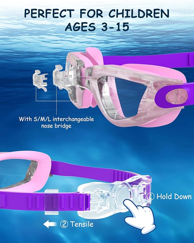 Kids Swim Goggles, Swimming Goggles for Kids Toddlers 3-14 with Swim Cap, Nose Clip, Nose Bridge, Ear Plugs