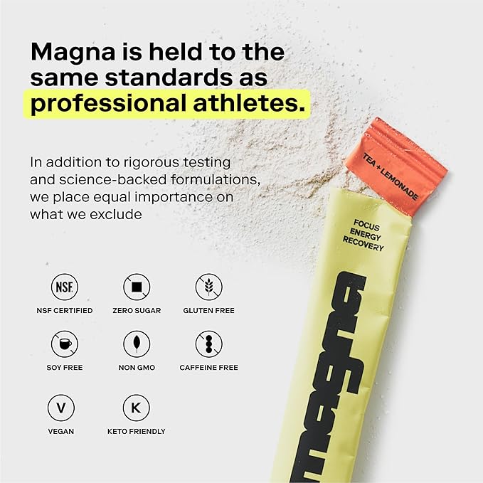 MAGNA Electrolyte Powder Drink Mix for Hydration, Energy & Focus Support with Magnesium L Threonate, Malate & Glycinate, Sodium, Potassium, Vitamin D, B6 & B12, Tea Lemonade Flavor, 14 Servings