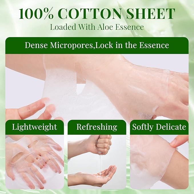 12 Pack Aloe Vera Face Masks Skincare, Sheet Aloe Hydrating Face Mask for Sunburn Relief and After Sun Care, Bulk Aloe Vera Face Mask for Spa Party Gifts