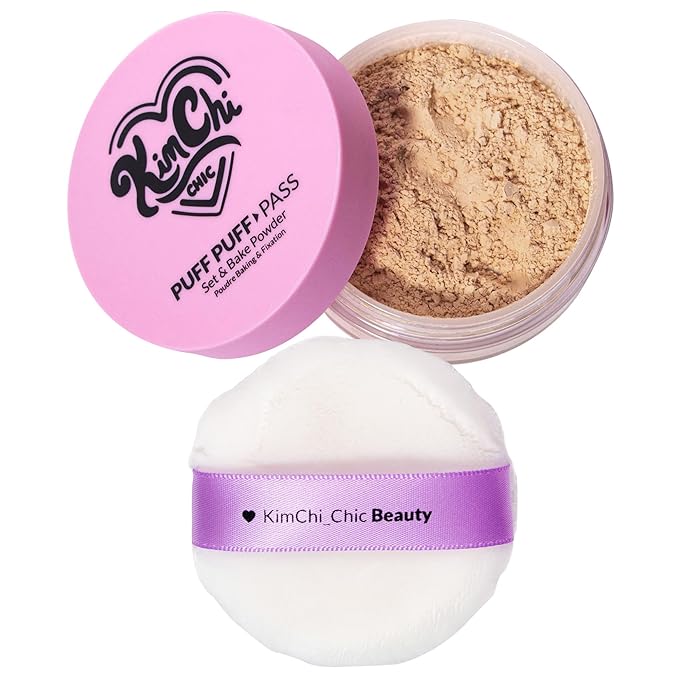 Kimchi Chic Beauty Puff Puff Pass Set and Bake Setting Powder for Makeup, Extra Fluffy Loose Face Powder Poof, Soft Natural Face Makeup for Uneven Skin Tone, 04 Peachy