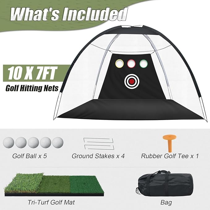 10x7FT Golf Practice Net for Backyard Indoor Outdoor Training, Golf Hitting Net with 3-Color Turf Mat, 5 Golf Balls and Tee, Perfect for Driving, Chipping and Swing Practice