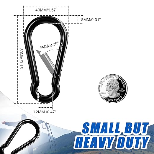 KINLINK 20 Pack Black Carabiner Clip, 3.15 inch Heavy Duty Spring Snap Hook, Small Caribeener Clips for Outdoor Camping, Swing Set, Hammock, Hiking Travel, Fishing, Quick Link Keychain