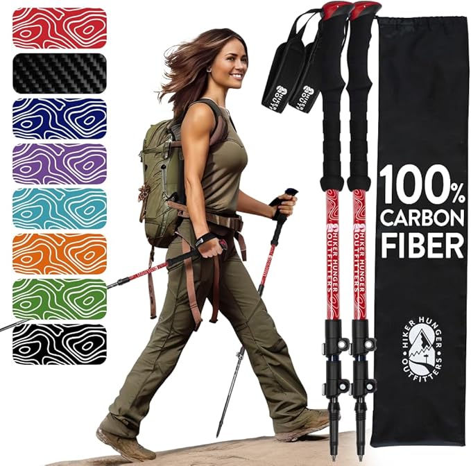 100% Carbon Fiber Trekking Poles by USA Brand - Ultra Strong Lightweight Collapsible Hiking Poles with Cork and EVA Foam Grips & Quick Adjustable Flip Locks