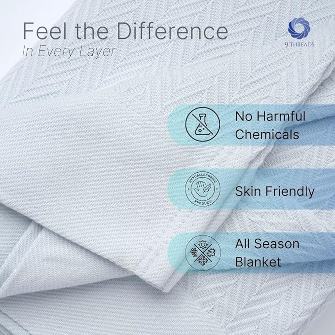 100% Cotton Herringbone Weave Blankets, 66"X90" Twin, Throw Blanket for Bed,All Season Cotton Blanket, Cozy Blanket,Throws Bed Blanket, Throw Blanket for Couch,Modern Home Decor -Light Blue