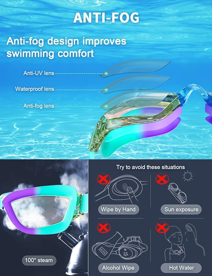 Kids Swim Goggles, Swimming Goggles for Kids with Nose Clip, Earplugs, Nose Bridge for Age 3-15