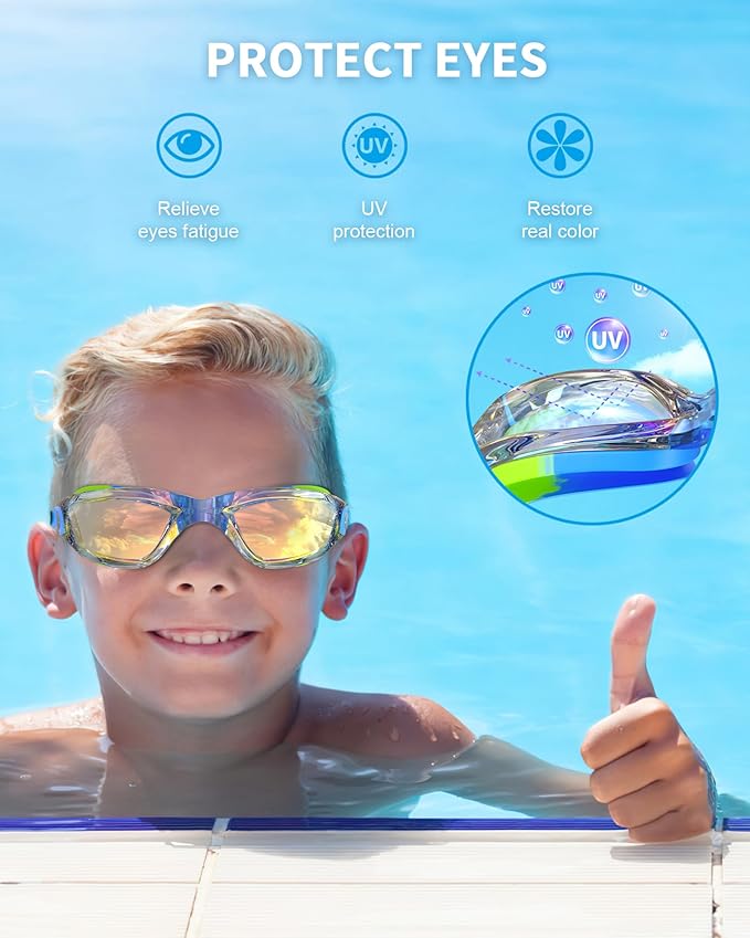 Kids Swim Goggles, Swimming Goggles for Kids with Nose Clip, Earplugs, Nose Bridge for Age 3-15